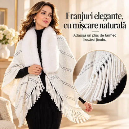 ✨ Șal Tricotat de Iarnă cu Guler Pufos și Franjuri Elegante · Poncho Cardigan Relaxat și Călduros pentru Femei!
