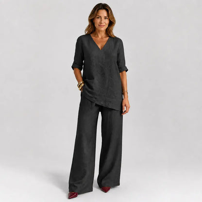 ❤️50% Reducere💥【40-100 kg】Set 2026: Top uni din bumbac și in, mânecă scurtă și decolteu în V + pantaloni casual drepți