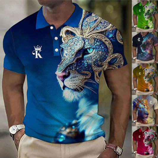🔥【50% de descuento】【S-6XL】Polo para hombre con estampado de león en 3D