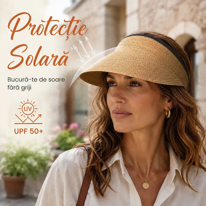 Pălărie de Soare din Paie Fără Crestet pentru Femei – Vizieră Elegantă de Plajă cu Protecție UV, Respirabilă și Pliabilă pentru Vară