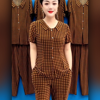 🔥Bestseller🔥【XL-5XL】Letni zestaw spodni w kratę z krótkim rękawem dla matek w średnim wieku
