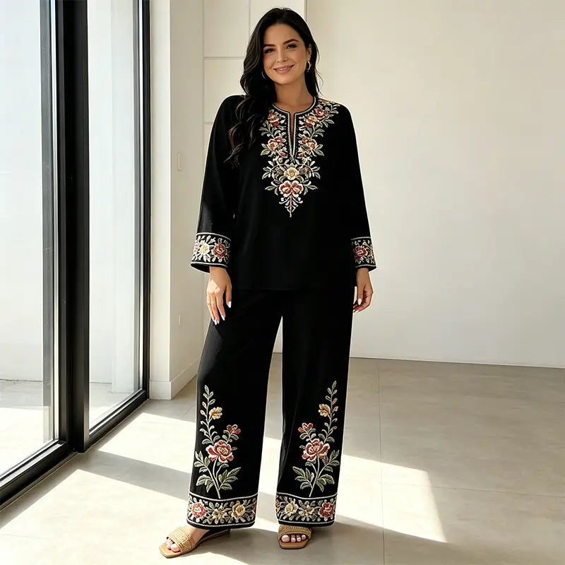 Costum de Vară din In Dama de 2 Piese, Bluza Lejeră cu Imprimeu Floral și Pantaloni Largi, Material Moale, Respirabil și Prietenos cu Pielea