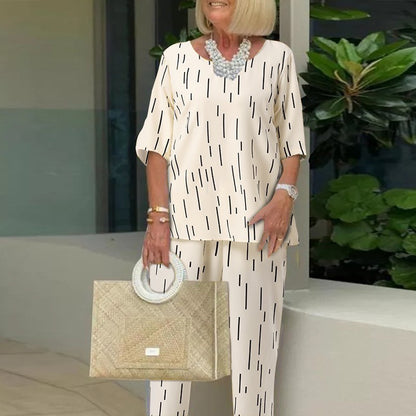 💥🔥【Top + pantaloni】【40-110kg】primăvară și vară, noua modă, cu gât rotund, mânecă cinci sferturi, set liber din două piese
