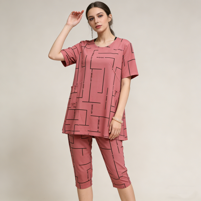 【Top + Pantaloni】Costum de femeie cu mânecă scurtă, stil nou 2026, lejer, pentru femei de vârstă mijlocie și în vârstă