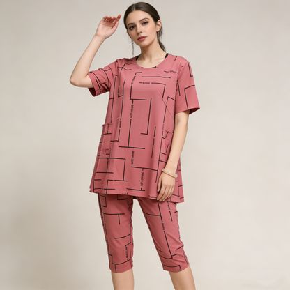 【Top + Pantaloni】Costum de femeie cu mânecă scurtă, stil nou 2026, lejer, pentru femei de vârstă mijlocie și în vârstă
