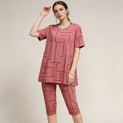 【Top + Pantaloni】Costum de femeie cu mânecă scurtă, stil nou 2026, lejer, pentru femei de vârstă mijlocie și în vârstă