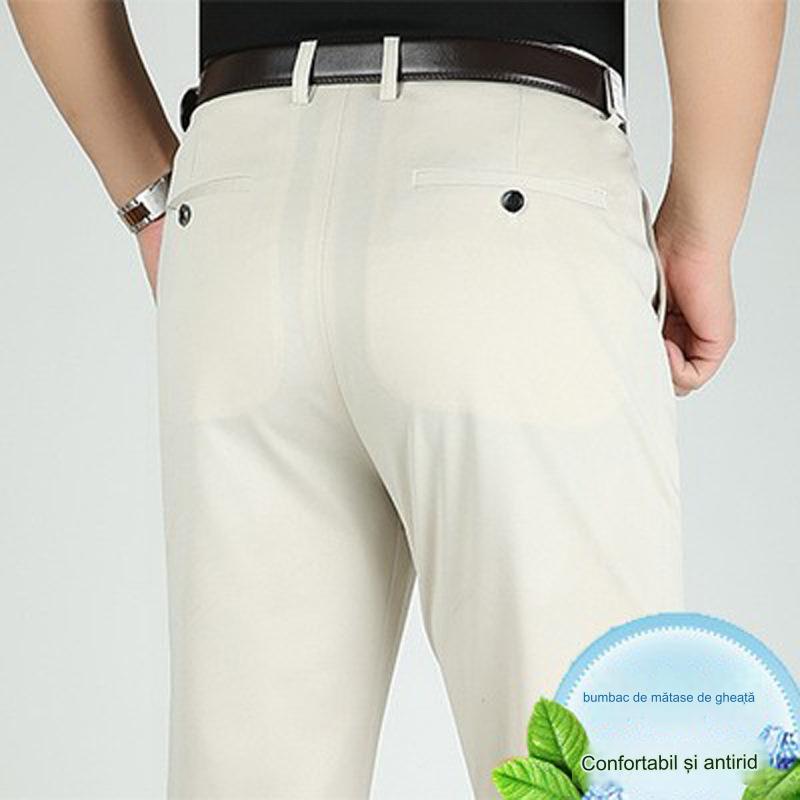 Pantaloni casual de afaceri subțiri pentru bărbați de primăvară și vară Pantaloni elastici din mătase de gheață, drepti, largi, fără călcat