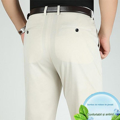 Pantaloni casual de afaceri subțiri pentru bărbați de primăvară și vară Pantaloni elastici din mătase de gheață, drepti, largi, fără călcat