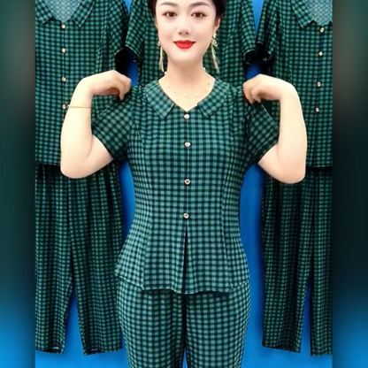🔥Bestseller🔥【XL-5XL】Letni zestaw spodni w kratę z krótkim rękawem dla matek w średnim wieku