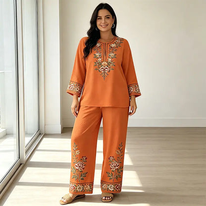 Costum de Vară din In Dama de 2 Piese, Bluza Lejeră cu Imprimeu Floral și Pantaloni Largi, Material Moale, Respirabil și Prietenos cu Pielea