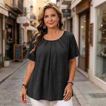 Bluză Elegantă de Damă cu Broderie Sparte și Pliuri la Decolteu, Tricou Lejer cu Mânecă Scurtă, Cămașă Texturată în Stil Francez