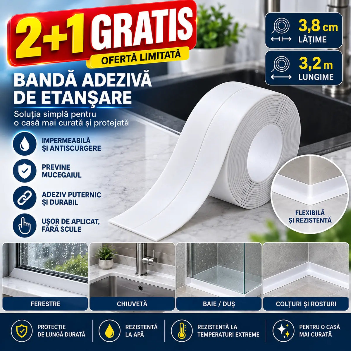 ✨【2+1 GRATUIT】Bandă impermeabilă pentru rosturi, protecție simplă împotriva umezelii pentru o casă mai curată și îngrijită