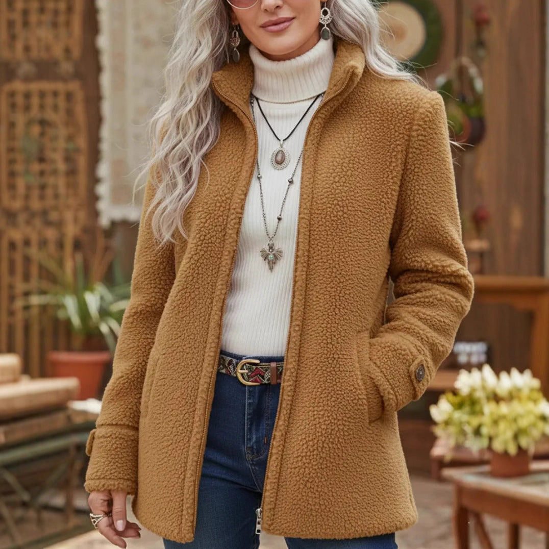 Palton damă lejer din lână, cu fermoar și căptușeală din fleece, mărimi S–3XL