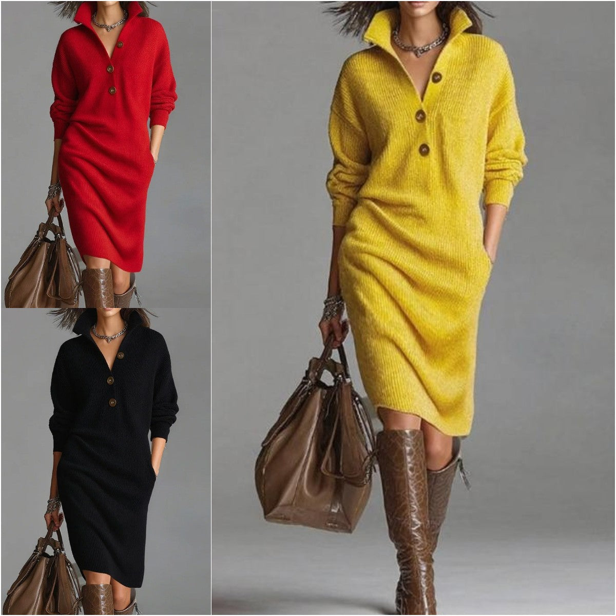 🔥【S-3XL】2025 Nowa europejska i amerykańska sukienka dzianinowa z kołnierzykiem w nowym stylu
