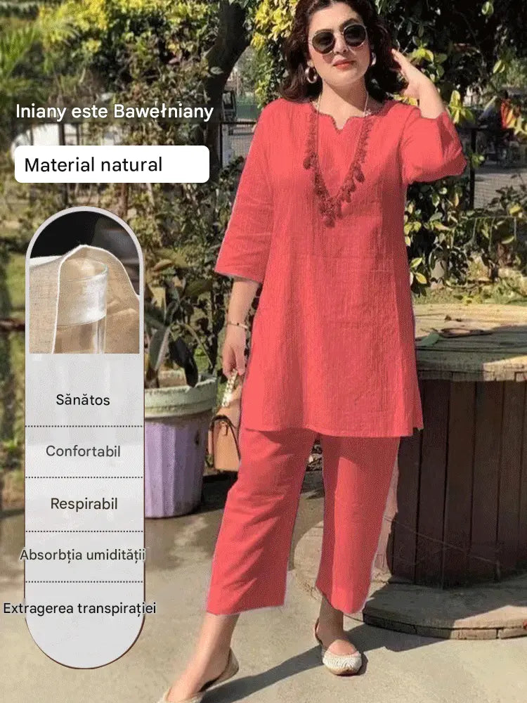 🔥【40-100kg】Vara noua moda culoare solidă temperament naveta stil etnic haine cu mâneci lungi costum din două piese