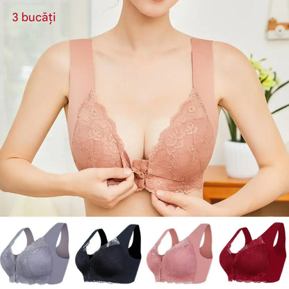 ✨【Set din 3 piese】Sutien sexy pentru mărimi mari, fără armătură, cu închidere în față și un design superb la spate.