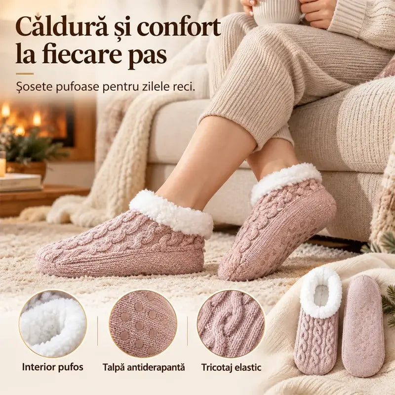 🧦 Pachet Special 2 Perechi: Șosete Pufoase de Casă cu Talpă Antiderapantă din Silicon · Interior Călduros Tip Blăniță · Tricotaj Elastic cu Model Răsucit · Confort și Căldură pentru Iarnă!【Mărime unică】