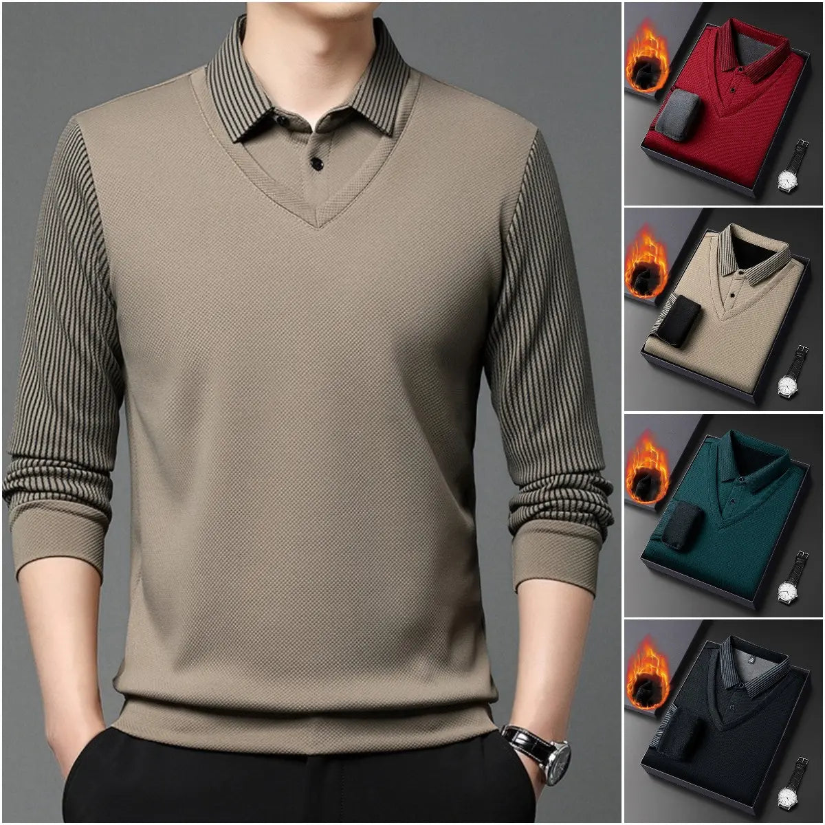 【M-4XL】 👔 Tricou Polo Bărbătesc cu Mânecă Lungă "2 în 1" · Căptușit și Călduros · Design Elegant cu Guler Clasicsi Mâneci cu Dungi · Stil Casual & Business!