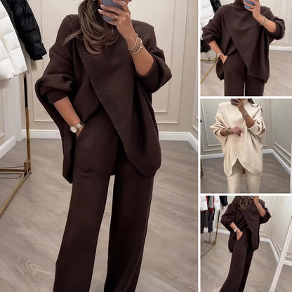 ¡49% de descuento! ¡Novedad! Conjunto de dos piezas para mujer: suéter asimétrico + pantalón ancho, corte holgado, tela suave y súper cómodo. 👚 Envío gratis.