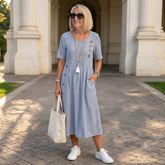 👗🏕️【S-2XL】Rochie midi cu dungi, ușoară și vaporoasă