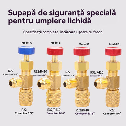 🔥🔥【Set de 4 】 supape de siguranță pentru agent frigorific, conectori adaptor R22/R410A, fitinguri din alamă fără alimentare electrică, cu control Pornit/Oprit, pentru încărcarea și întreținerea sistemelor HVAC.