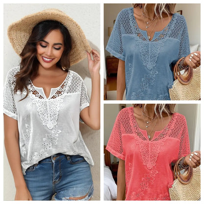 【S–6XL】Bluză elegantă pentru femei cu dantelă și decolteu în V – brodată, cu mâneci scurte