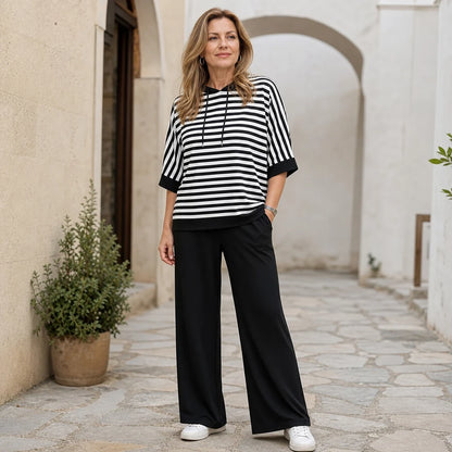 Compleu Dama Modern Alb-Negru – Bluza Casual si Pantaloni Eleganti