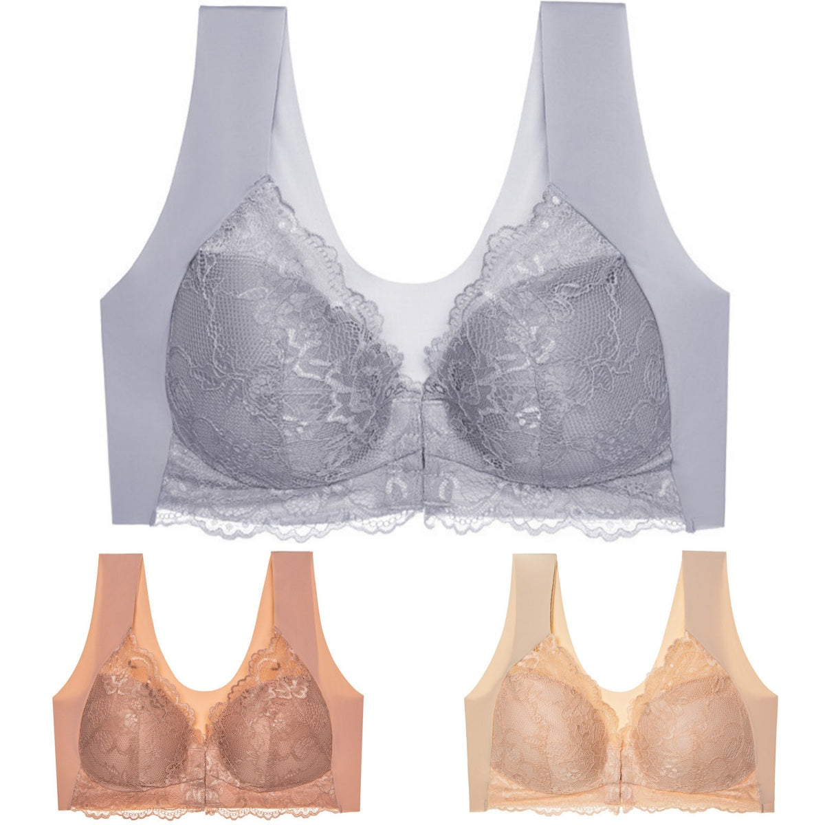 ✨【Set din 3 piese】Sutien sexy pentru mărimi mari, fără armătură, cu închidere în față și un design superb la spate.