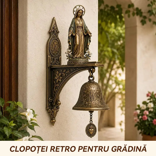 Clopoțel de perete vintage cu Fecioara Maria (Medalia Miraculoasă), din rășină premium aspect bronz antic, decorațiune sacră pentru poartă și grădină