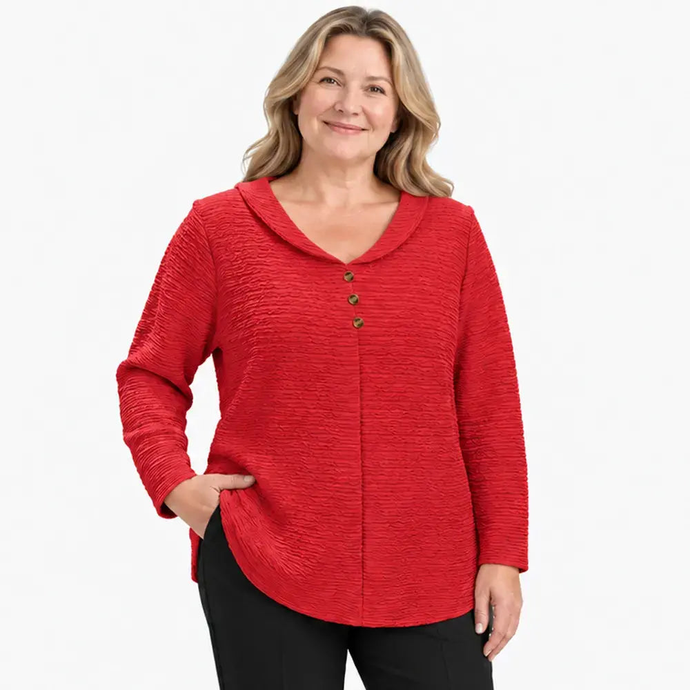 🔥【XL–5XL】🎁💖 Tricou damă cu croială lejeră, textură plisată și guler rotund tip Peter Pan, cu nasturi
