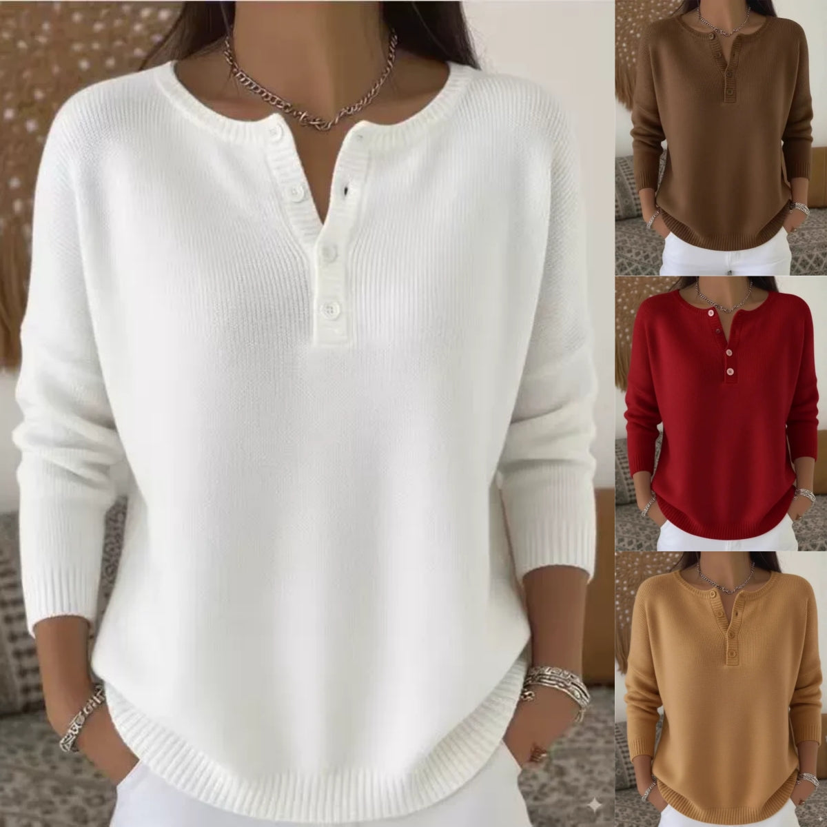 🌷💃【Nowość, gorąca sprzedaż】【S-3XL】Damski sweter w jednolitym kolorze z dekoltem w serek, luźny i swobodny styl