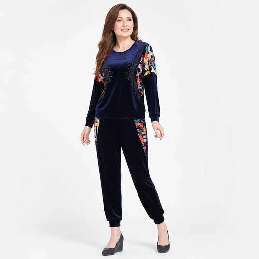 Costum Casual de Dama din Două Piese – Catifea Fină cu Imprimeu Digital 3D și Aplicații Strălucitoare 💃✨