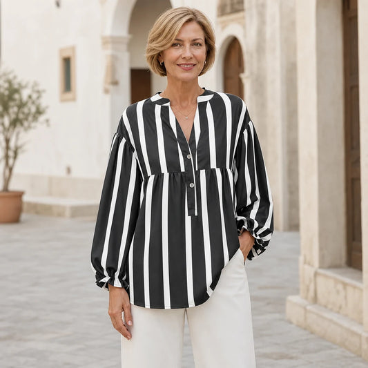 Cămașă Lejeră cu Croială Largă, Dungi și Decolteu în V