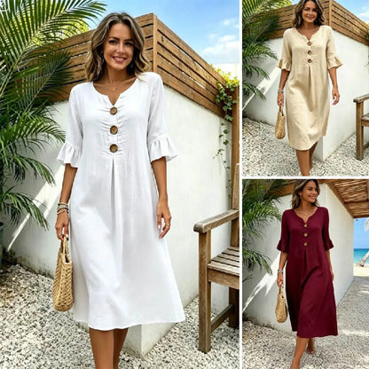 【S-3XL】Rochie de damă din bumbac și in, cu mâneci bufante și nasturi