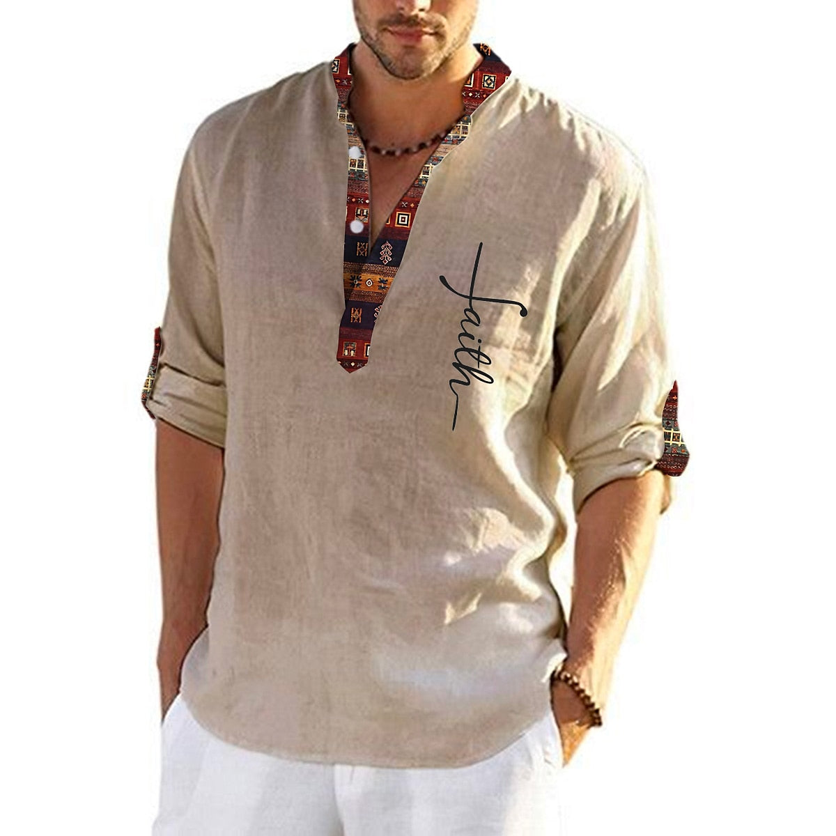 🔥Hot sale en España🔥Camisa hombre lino algodón estampada cuello pico✅️【Pago contra entrega】