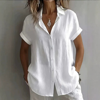 💃 【S–2XL】Cămașă casual cu mânecă scurtă pentru femei, din bumbac și in, culoare simplă.