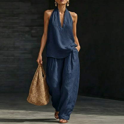 【S-5XL】💥Set casual pentru femei, top cu decolteu în V + pantaloni largi