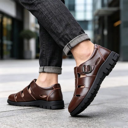👞Мъжки сандали от естествена кожа с изрези｜Дишащи, удобни и с луксозен вид