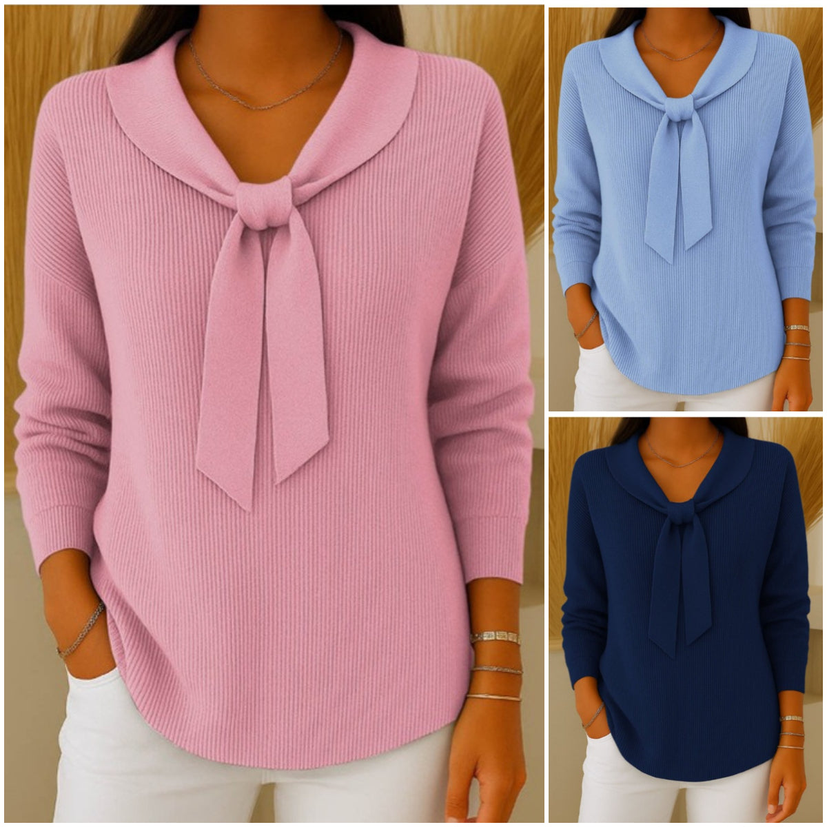 【S-2XL】Sweter damski w jednolitym kolorze z wiązaniem i długim rękawem, swobodny i luźny