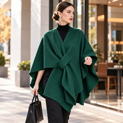 🧥 Șal tip Poncho Multifuncțional din Stofă pentru Toamnă-Iarnă! Design Elegant cu Prindere Suprapusă · Stil Versatil · Călduros și Confortabil!