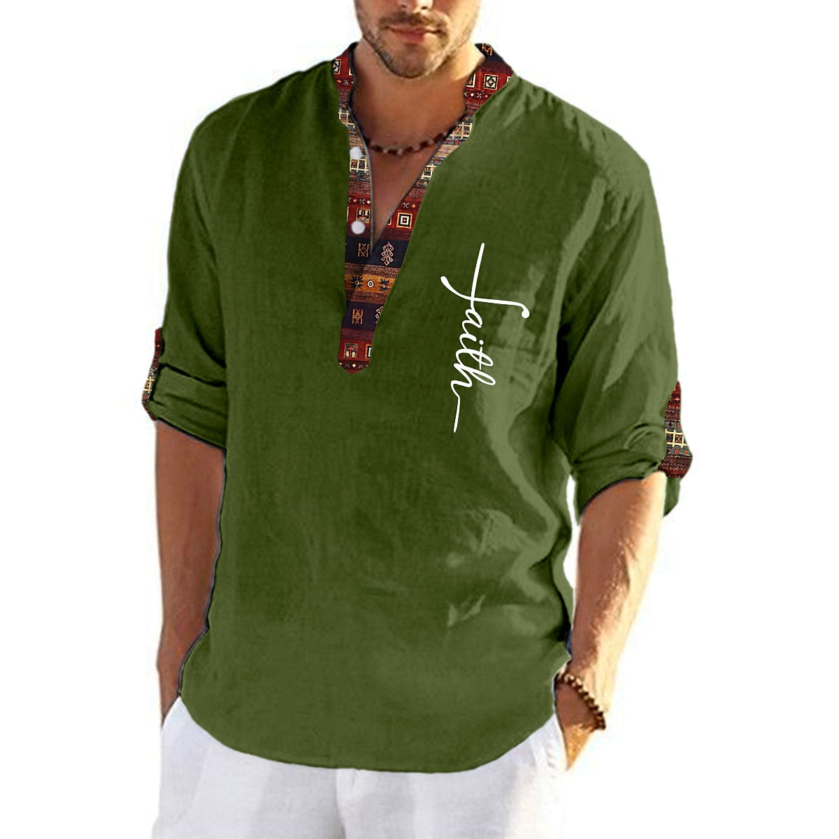 🔥Hot sale en España🔥Camisa hombre lino algodón estampada cuello pico✅️【Pago contra entrega】