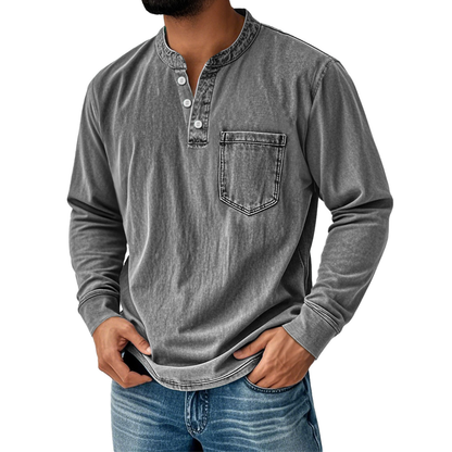 👔🔥Cămașă bărbătească din denim cu mâneci lungi și decolteu în V, cu buzunar