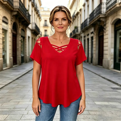 Tricou din bumbac 100% cu decolteu în V, design încrucișat și decupaje｜modern și respirabil