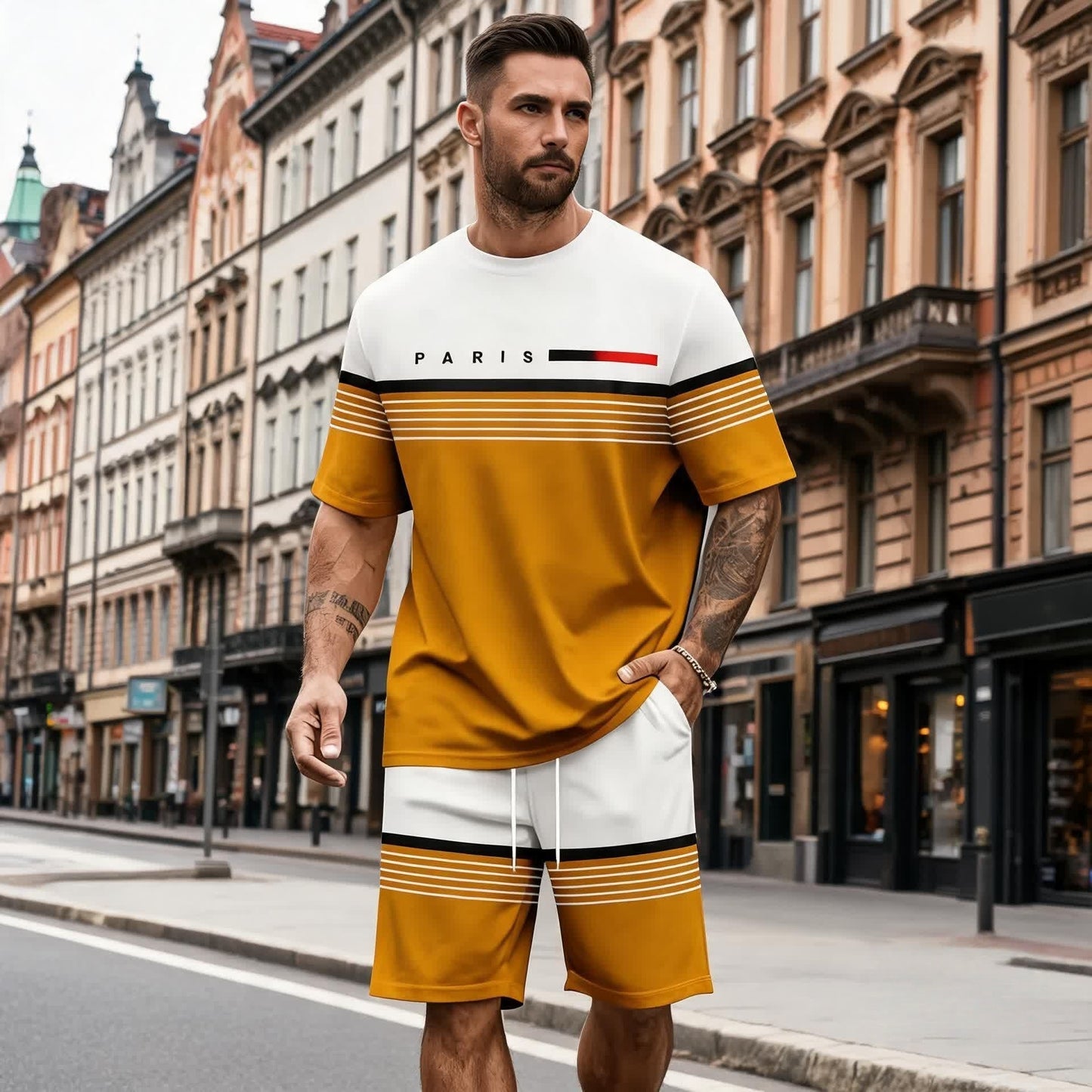 【S–5XL】Set bărbătesc casual și confortabil, format din tricou și pantaloni scurți cu mânecă scurtă, cu imprimeu cu litere.