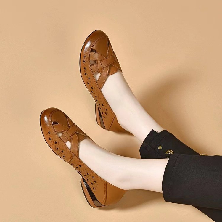 💞【35-40】Nuevas sandalias de mujer 2026, punta redonda, cuero genuino, tacón bajo