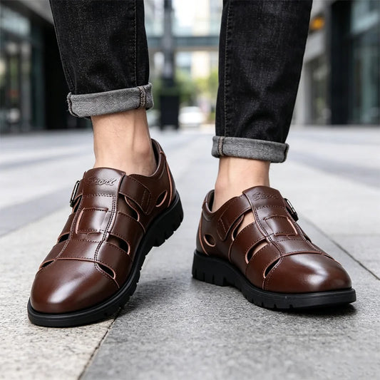 👞Мъжки сандали от естествена кожа с изрези｜Дишащи, удобни и с луксозен вид