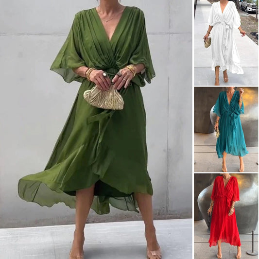 💟【S-5XL】 👗 Дълга шифонена рокля с ръкави тип „прилеп“, предлага се в различни цветове