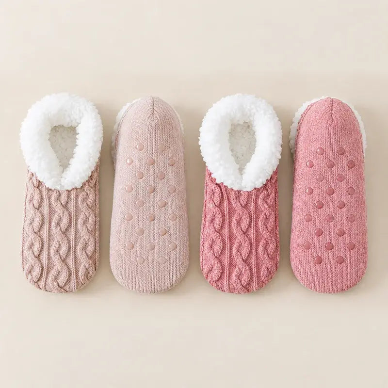 🧦 Pachet Special 2 Perechi: Șosete Pufoase de Casă cu Talpă Antiderapantă din Silicon · Interior Călduros Tip Blăniță · Tricotaj Elastic cu Model Răsucit · Confort și Căldură pentru Iarnă!【Mărime unică】