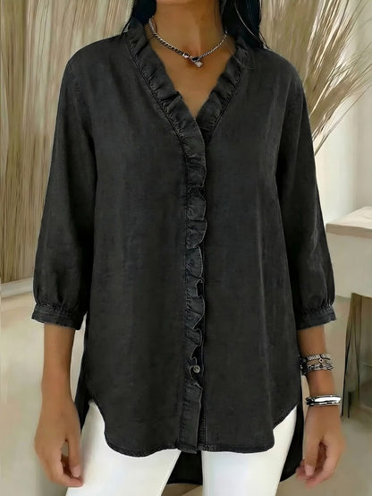 🔥 Pago contra reembolso ✅️【40-100kg】Camisa vaquera casual de mujer con escote en pico y volantes