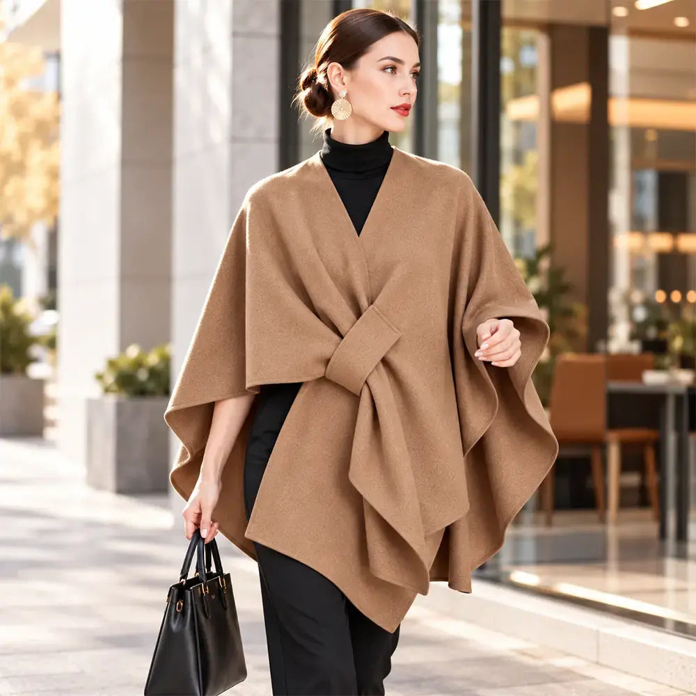 🧥 Șal tip Poncho Multifuncțional din Stofă pentru Toamnă-Iarnă! Design Elegant cu Prindere Suprapusă · Stil Versatil · Călduros și Confortabil!